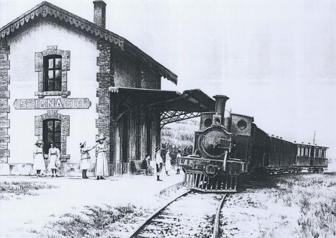 ilbao a Las Arenas y Plencia, Locomotora Plencia, en San Ignacio, dibujo Jose Vicente Coves
