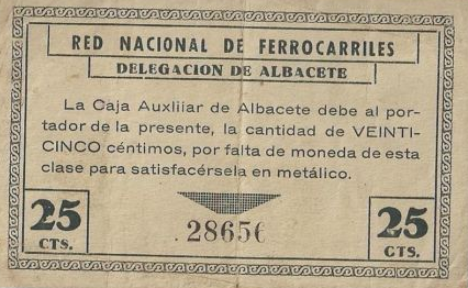 Emision de la Caja Auxiliar de Albacete de vales moneda de la REd Nacional de Ferrocarriles