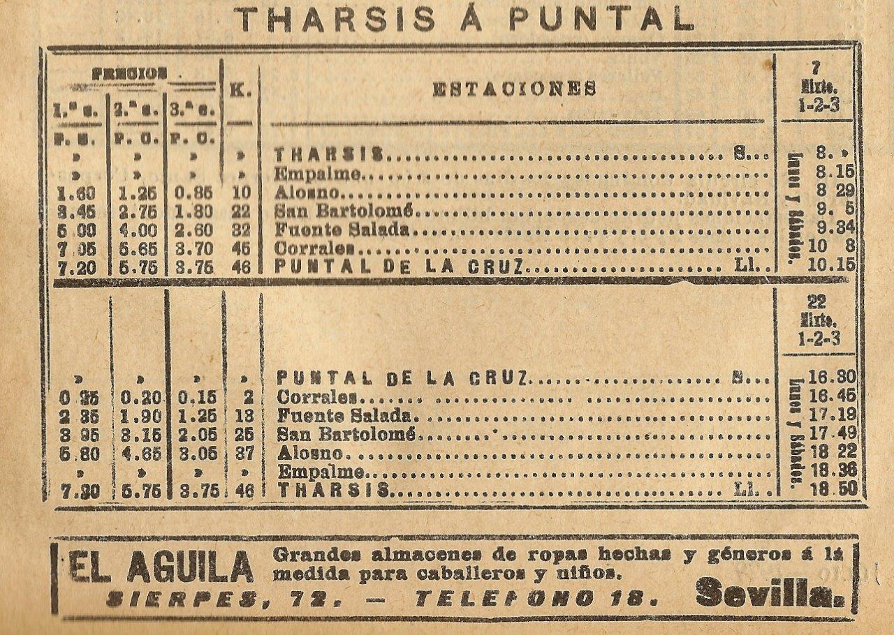 HORARIO FC DE THARSIS AL PUNTAL DE LA CRUZ EN 1929