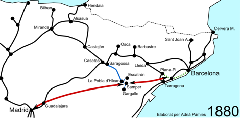 Itinerario de los directos propuesto por F. Gumá, en rojo. En azul los Carboniferos de Aragóm. Dibuo Adriá Pamies