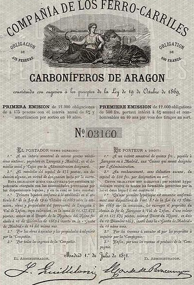 Obligacion emitida en 1871, archivo Ferropedia
