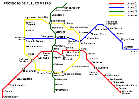 Plano de las lineas del Metro de Sevilla