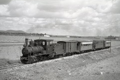 Tren mixto en la llanura manchega. foto Trevor Rowe, archio Museo vasco del Ferrocarril