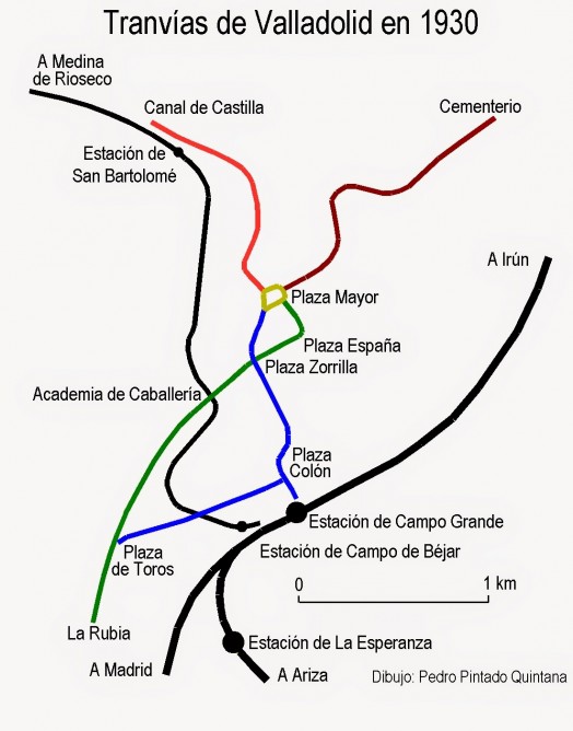 Valladolid esquema de la red de tranvías, dibujo Pedro Pintado Quintana