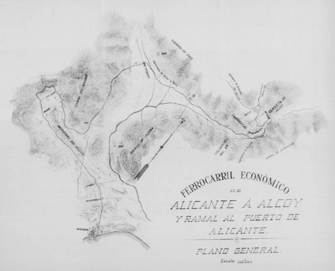 Plano del “Estudio Económico del Ferrocarril de Alicante a Alcoy y ramal al puerto de Alicante” año 1902- Camilo Gisbert y Terol (BNE) Archivo Luis Pons Boix