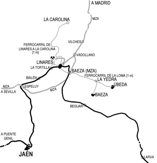 Esquema de las lineas ferroviarias en el entorno de Linares, dibujo
