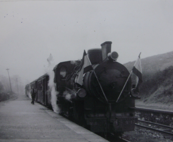 Vasco Asturiano, tren con la locomotora nº 17 , c. 1960, tren comnemorativo de los XXV años de Paz