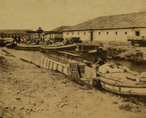 Alar del Rey , embarcadero del ferrocarril en el Canal de Castilla, año 1857, Foto Atkinson, fondo Biblioteca Municipal de Santander