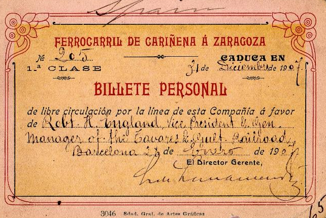 Billete de 1ª clase del Ferrocarril de Cariñena a Zaragoza, firmado por su director Laureano Ruiz de Larramendi