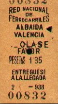 Billete de la RNF republicana, impreso en 1938, para el trayecto de Albaida a Valencia, cedido por Javier Fernández López
