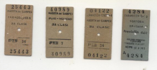 Billetes tipo Edmonson, linea de Zaragoza a Tortosa, colección Juan Manero