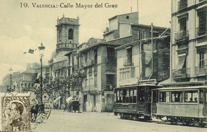 Calle Mayor del Grao, tranvía, fondo Biblioteca Valenciana, postal comercial