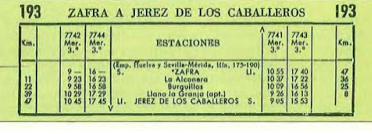 Cudro de itinerarios de 1940, Zafra a Jerez de los Caballeros - copia