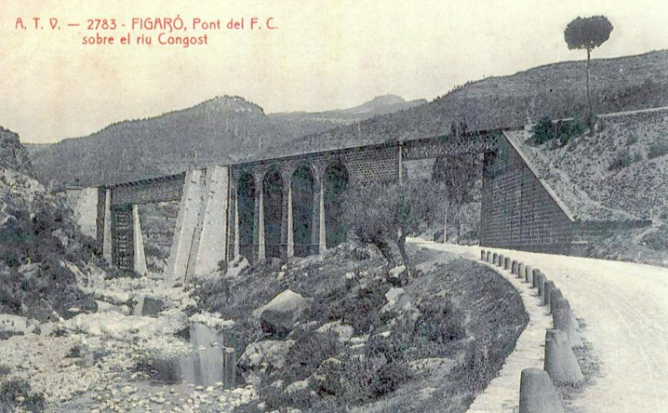 Ferrocarril Transpirenaico , Figaró , puente ferroviario sobre el rio Congost , postal comercial
