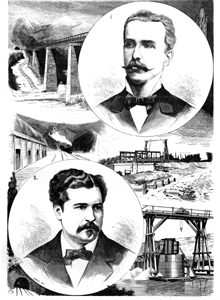  Ferrocarril de Gerona a Francia, el ingeniero jefe M. Aramburu y el ing. Domingo Forné año 1877, xilografia Vela
