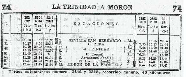 Cuadro de horarios en el itinerario de Sevilla á Morón, año 1952