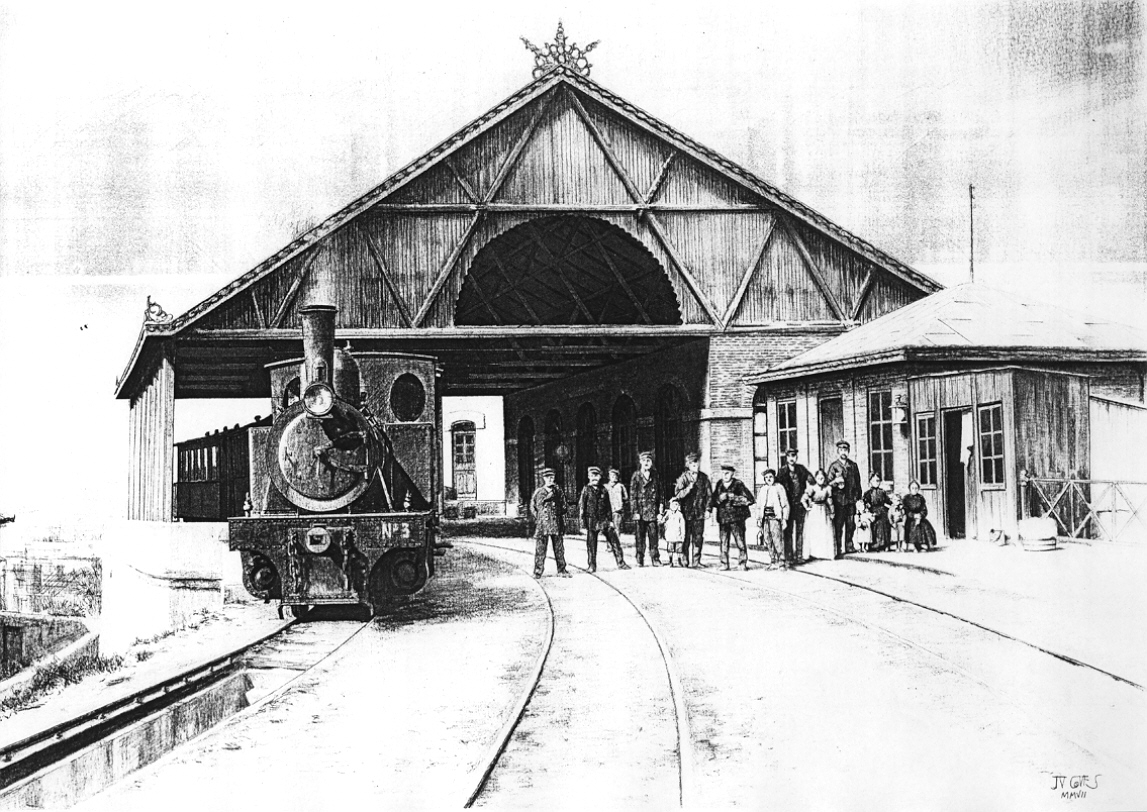 Primitiva estacion en Bilbao, dibujo : Jose Vicente Coves, Fondo J.J. Olaizola