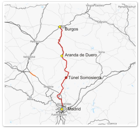 Itinerario del Directo de Madrid a Burgos, archivo Via Libre FFE