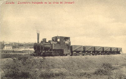 Larache, tren de trabajos en las construccion de la línea, postal comercial