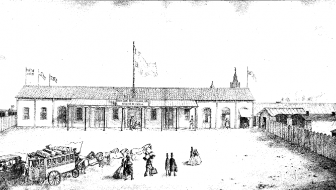 Litografía de la estación de Sevilla, del Sevilla á Cádiz, año 1864, Eduardo Anton Rodriguez, Guia del Viajero