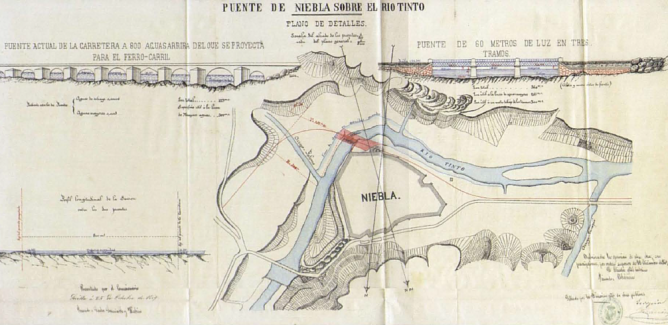 Plano del puente sobre el Rio Tinto en Niebla, linea de Sevilla a Huelva , año 1869, AHF - B-0071-002-20