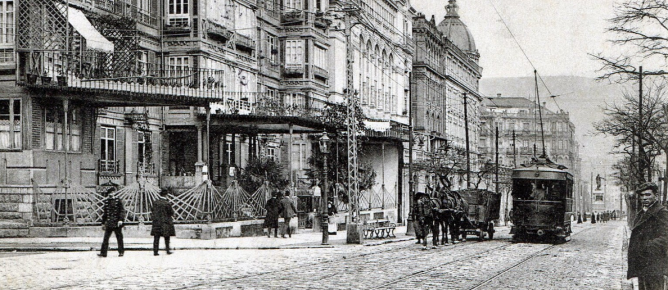 Tranvia Urbano de Bilbao, calle Hurtado de Amezaga, postal comercial , fondo MVF