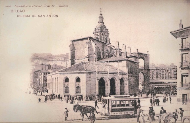 Tranvia Urbano de Bilbao, tranvia de Mulas en San Antón, Postal comercial , fondo MVF