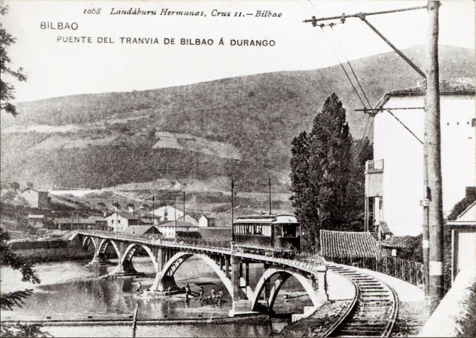 Tranvia de Bilbao a Arratia , Puente de la Peña , año 1903, postal comercial , fondo MVF