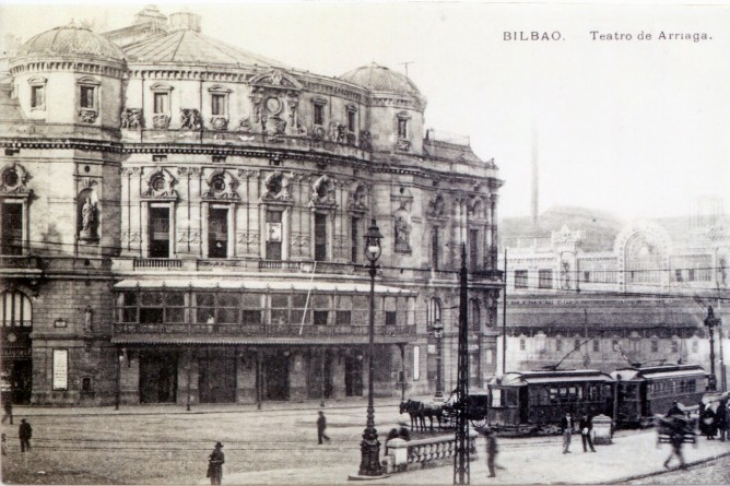 Tranvia de Bilbao a Durangoi y Arratia, Inicio de la linea en Bilbao, postal comercial, fondo MVF