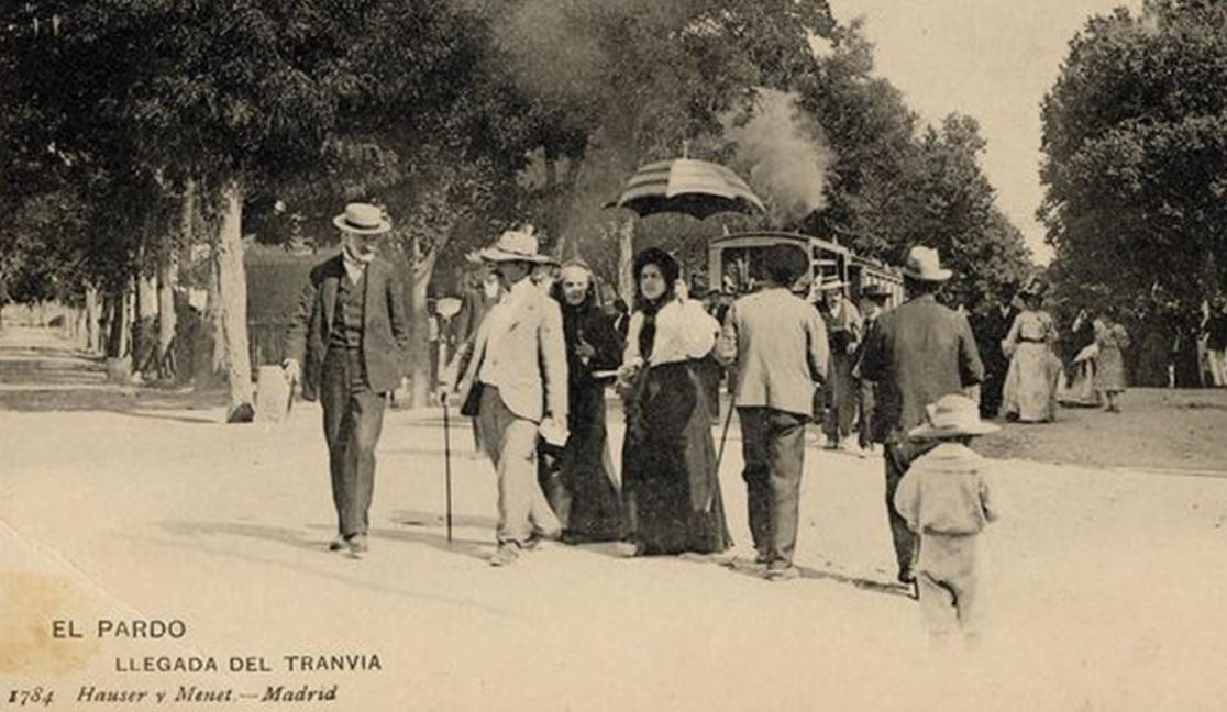 Tranvia de Madrid a El Pardo , postal comercial Hauser y Menet