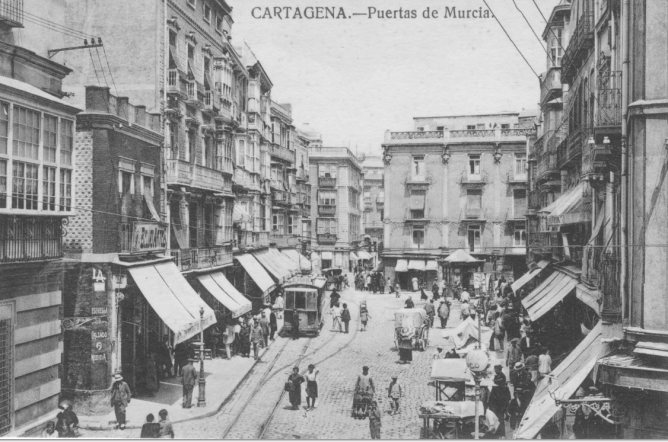 Tranvia en Cartagena, Puertas de Murcia, postal comercial, archivo Yudin, Richard C.