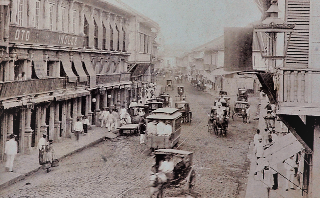 Tranvia en la Calle de la Escolta en Manila, postal comercial foto E.M. Barretto