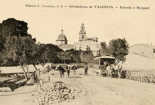 Tranvía de mulas en Burjasot, postal comercial, colección Vicente Muñoz Gimeno