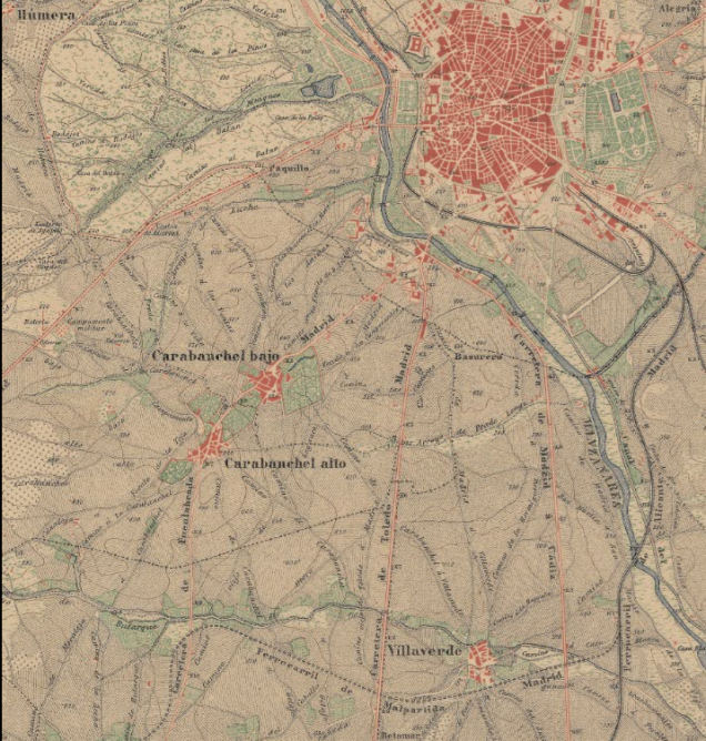 Traza en discontinuo del ferrocarril de Madrid a Malpartida de Caceres, año 1875, Inst. Geografico,