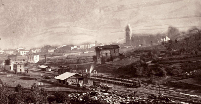 Zumarraga panoramica de la estación , año 1864, foto Auguste Murriel , fondo BNE