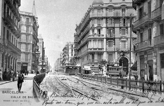 el Tren de Foc de Sarria cuzando la calle Balmes, año 1900, Archivo Cuyás, fondo ICC