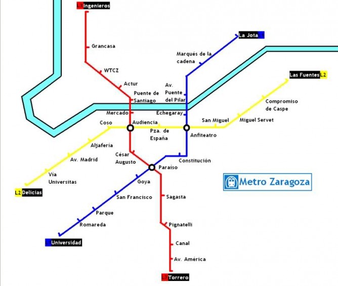 esquema metro Ligero en Zaragoza, lineas 1 y 2