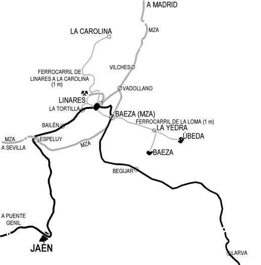 Plano de los ferrocarriles de la zona de Linares, dibujo: Pedro Pintado