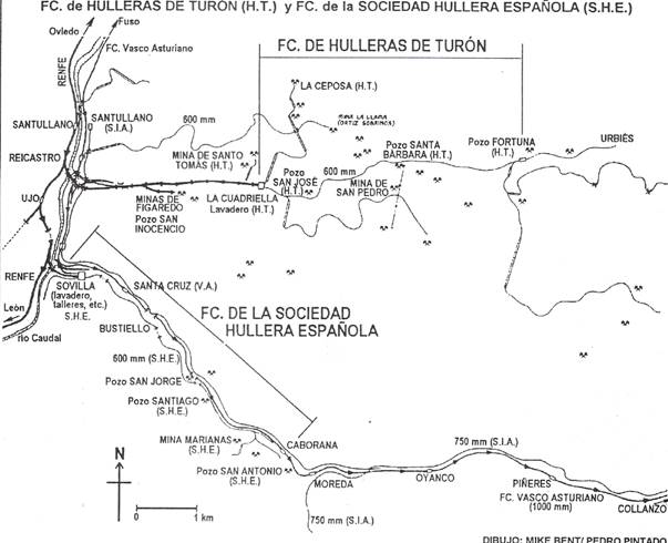 Plano del itinerio minero del ferrocarril de la Sociedad Hullera Española