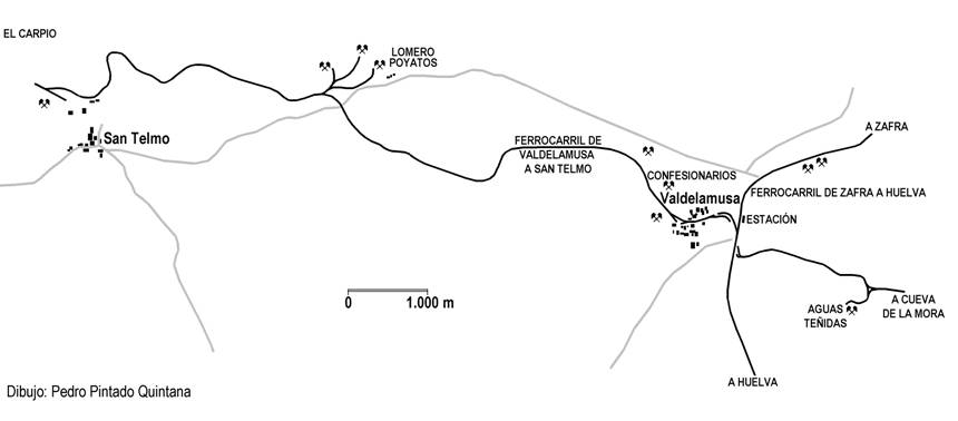 Plano del conjunto minero que accede a Valdelamusa, dibujo : Pedro